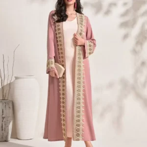 Abaya ouverte avec dentelle contrastante